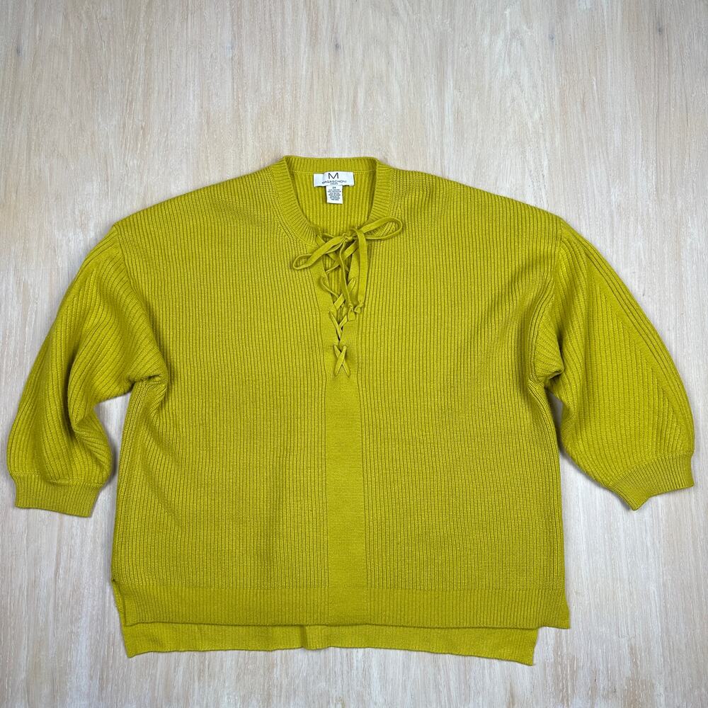 Magaschoni Citron Chartreuse Lace Up Lattice Knit Pullover Sweater Plus 2X